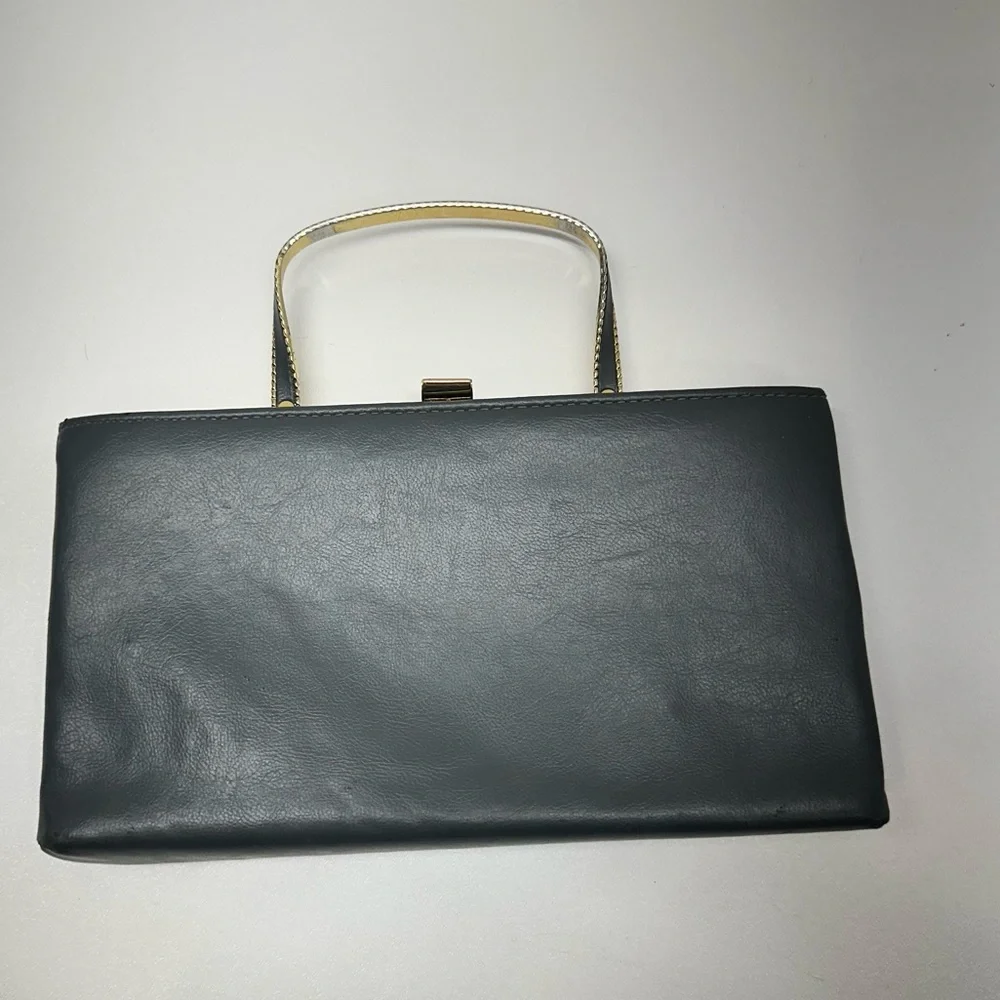 Vintage Ande Grey Faux Leather Gold Accent Evening Clutch Purse Retro Handle
